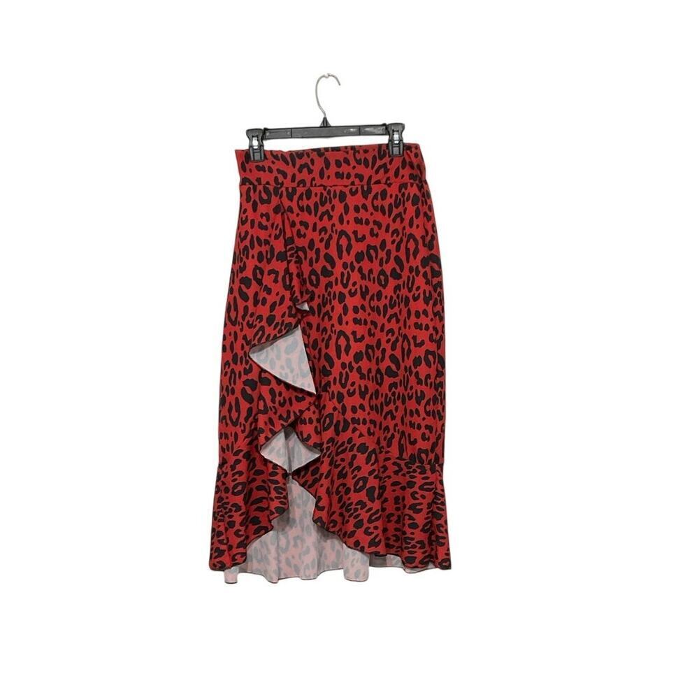 NWT Nasty Gal Red Leopard Print Ruffle Midi Skirt Size 12 Large Front Slit